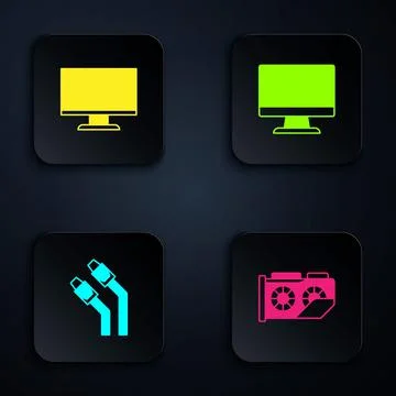 Set Video graphic card, Computer monitor screen, LAN cable network internet and Illustrazione stock