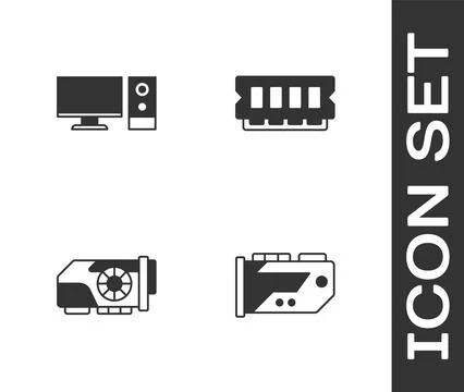 Set Video graphic card, Computer monitor,  and RAM, random access memory icon Illustrazione stock