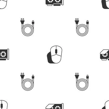 Set Video graphic card, Computer mouse and Electric plug on seamless pattern Stock Illustration
