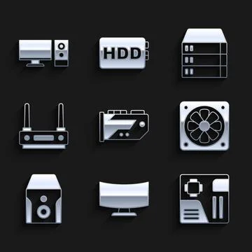 Set Video graphic card, Computer monitor screen, Motherboard digital chip, .. Stock-Illustration