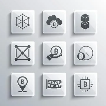 Set Video graphic card, CPU mining farm, Bitcoin with clock, Hand holding Stock Illustration