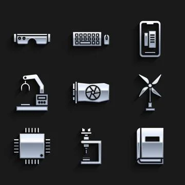 Set Video graphic card, Microscope, User manual, Wind turbine, Processor with Stock Illustration
