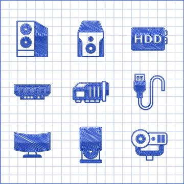 Set Video graphic card, Optical disc drive, Web camera, USB cable cord, Computer 스톡 일러스트
