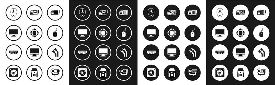 Set Video graphic card, Processor with CPU, Computer monitor screen, mouse, LAN イラスト素材