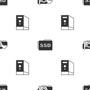 Set Video graphic card, SSD and Case of computer on seamless pattern. Vector Stock Illustration