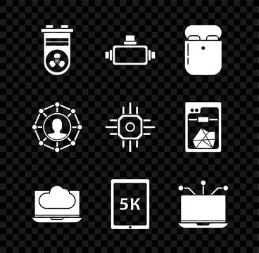 Set Video graphic card, Virtual reality glasses, Air headphones in box, Cloud 스톡 일러스트