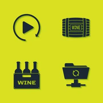 Set Video play button, FTP sync refresh, Bottles of wine in box and Wooden ba Stock Illustration