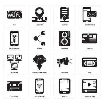 Set of Video player, Tablet, Cassette, Protest, Network, Speaker, Smartphone, 무료 스톡 일러스트