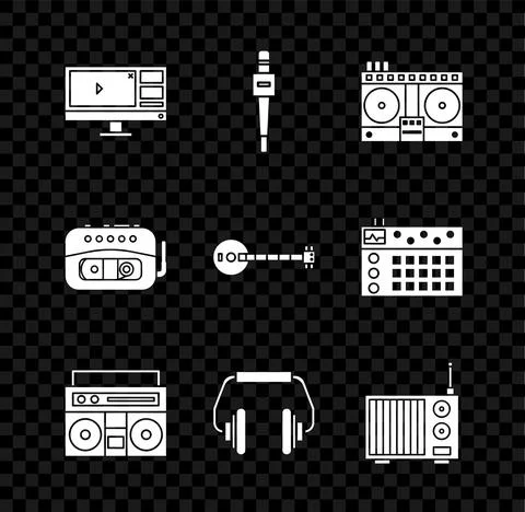 Set Video recorder or editor software on monitor, Microphone, DJ remote for Stock Illustration