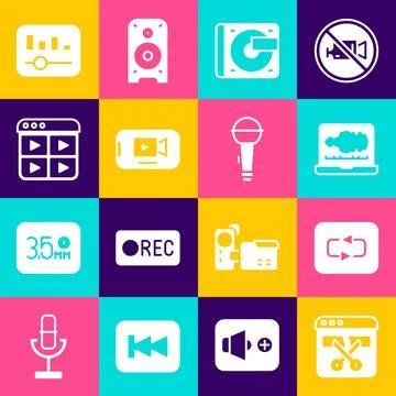 Set Video recorder or editor, Repeat button, Sound audio, Vinyl player with v Stock Illustration