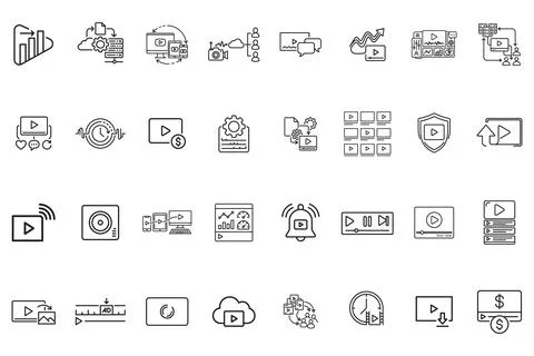 Set of video streaming and media player line icons Stock Illustration