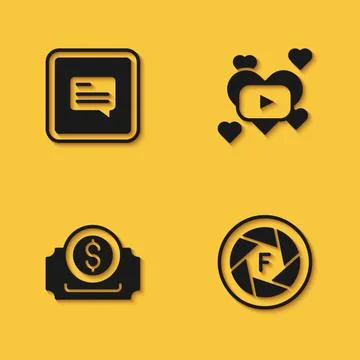 Set Video with subtitles, Camera shutter, Cinema ticket and Romantic movie icon Stock Illustration