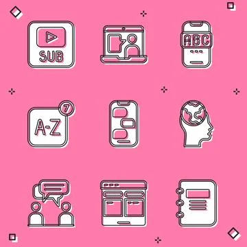 Set Video with subtitles, Foreign language online study, Online translator,.. Stock Illustration