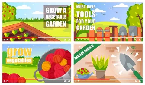 Set of video tutorials about gardening vegetables, home plants, garden tools イラスト素材