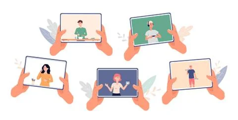 Set of video tutorials on tablets, flat cartoon vector illustration isolated Illustrazione stock