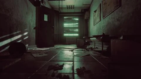 Set up view of dark room abandoned in the Psychiatric Hospital Ilustração Stock