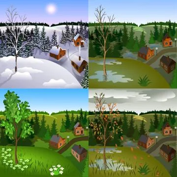 Set of views of landscape town from hill. Stock Illustration