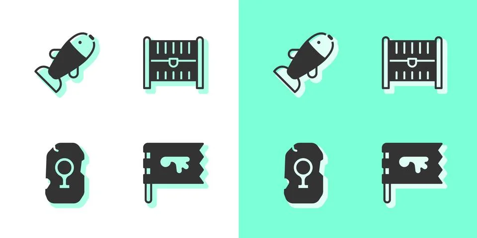 Set Viking flag, Fish, Magic rune and Antique treasure chest icon. Vector Stock Illustration