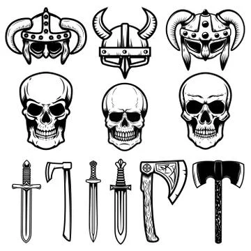 Set of viking helmets, weapon, skulls. Design elements for logo, label, emble 스톡 일러스트