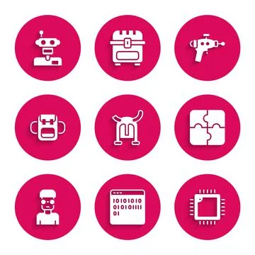 Set Viking in horned helmet, Binary code, Processor with CPU, Piece of puzzle Illustrazione stock