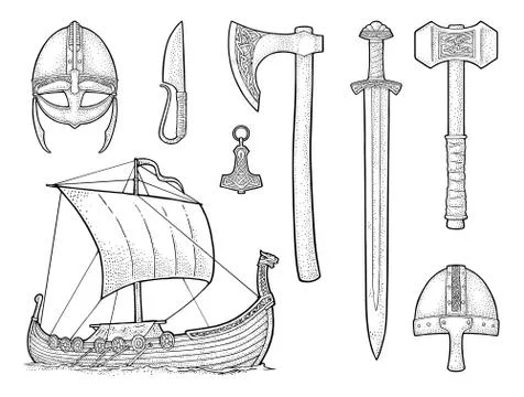 Set viking. Knife, drakkar, axe, helmet, sword, hammer, thor amulet Stockillustratie
