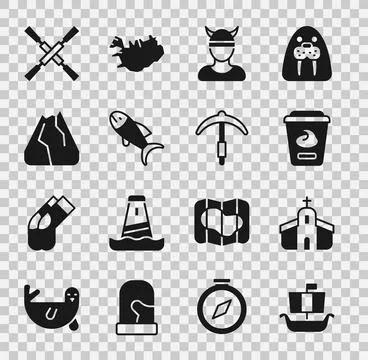 Set Viking ship Drakkar, Church building, Yogurt container, head, Fish, Mou.. Ilustración de archivo