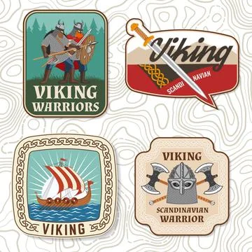 Set of viking warrior logos, badges, stickers. Vector illustration. For emb.. Stock Illustration