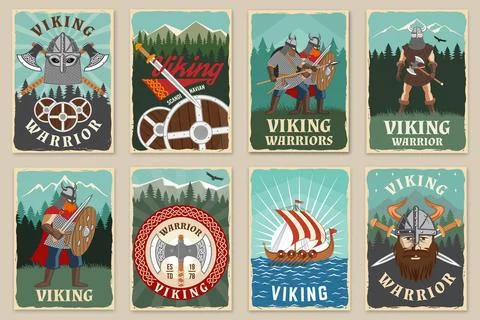 Set of viking warrior retro posters. Vector illustration. Flyer, brochure, .. Stock Illustration