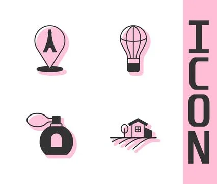 Set Village landscape, Eiffel tower, Perfume and Hot air balloon icon. Vector Illustrazione stock