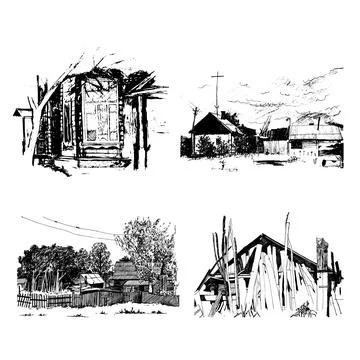 Set of vineyard landscapes, black and white graphic Illustrazione stock