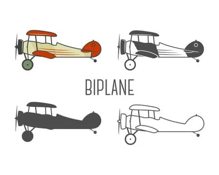 Set of vintage aircraft design elements. Retro Biplanes in color, line Illustrazione stock