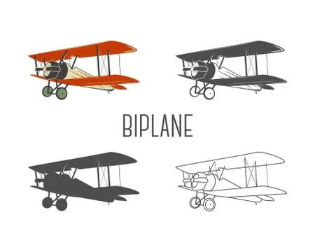 Set of vintage aircraft design elements. Retro Biplanes in color, line Illustrazione stock