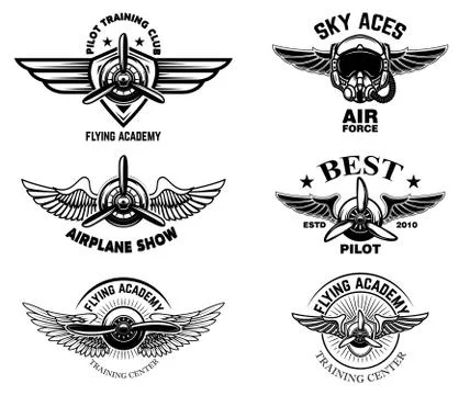 Set of vintage airplane show emblems. Design elements for logo, label, sign, Illustrazione stock