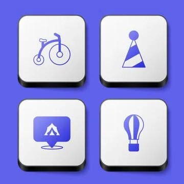 Set Vintage bicycle, Party hat, Circus tent and Hot air balloon icon. White.. Stock Illustration