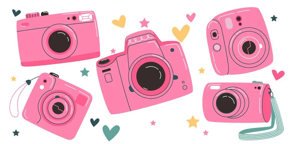 Set of vintage camera device in a cute flat style Stock Illustration