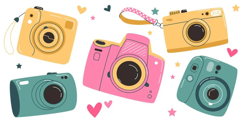 Set of vintage camera device in a cute flat style Stock Illustration