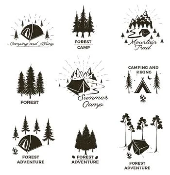 Set of vintage camping and outdoor adventure emblems, logos and badges. Camp Stock Illustration