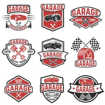 Set of vintage car service labels. Design elements for logo, label, emblem, s Stock Illustration