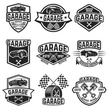 Set of vintage car service labels. Design elements for logo, label, emblem, s Stock Illustration