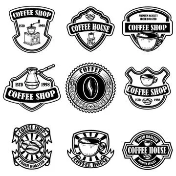 Set of vintage coffee shop emblems. Design elements for logo, label, sign, ba Illustrazione stock
