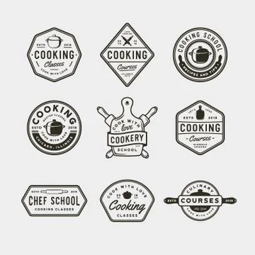 Set of vintage cooking classes logos. retro styled culinary school emblems Stock Illustration