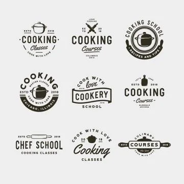 Set of vintage cooking classes logos. retro styled culinary school emblems Stock Illustration