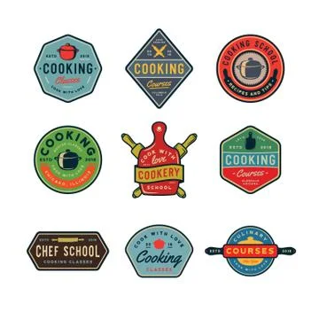 Set of vintage cooking classes logos. retro styled culinary school emblems Stock Illustration