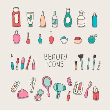 Set of vintage cosmetics elements and beauty products icons. Makeup. Stock Illustration