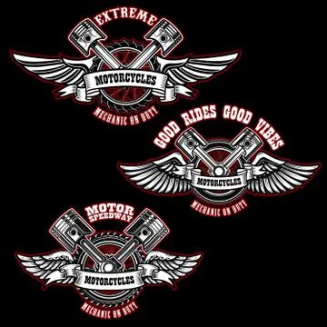 Set of vintage custom motorcycle emblems. Design elements for logo, label, si Illustrazione stock