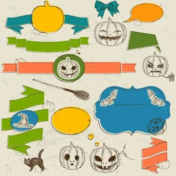 Set of vintage deign elements about Halloween. Stock Illustration