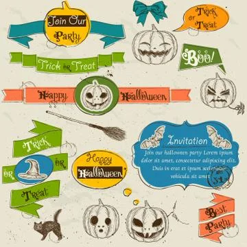 Set of vintage deign elements about Halloween. Stock Illustration
