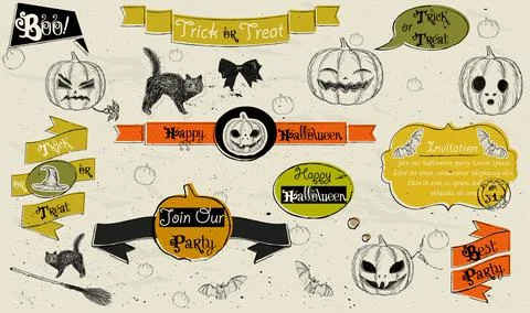 Set of vintage deign elements about Halloween. Stock Illustration