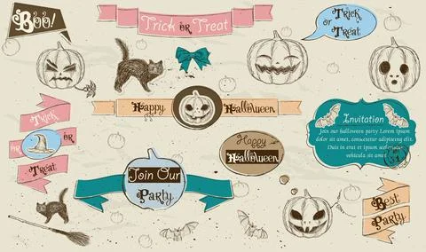 Set of vintage deign elements about Halloween. Stock Illustration