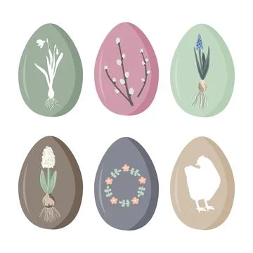 Set of vintage Easter eggs with floral elements and hen silhouette. Vector Stockillustratie